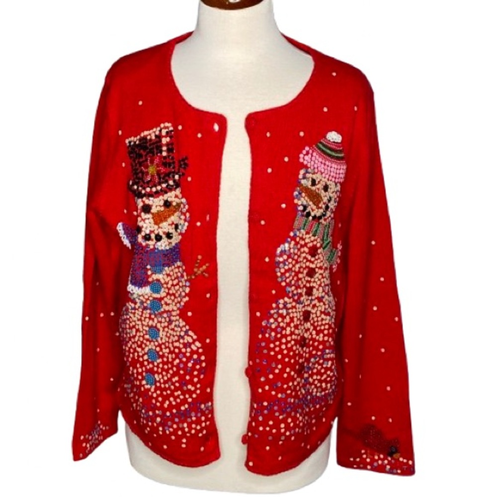 Michael Simon Event Women's Red Snowman Cardigan Size L Sequins Grandmillennial